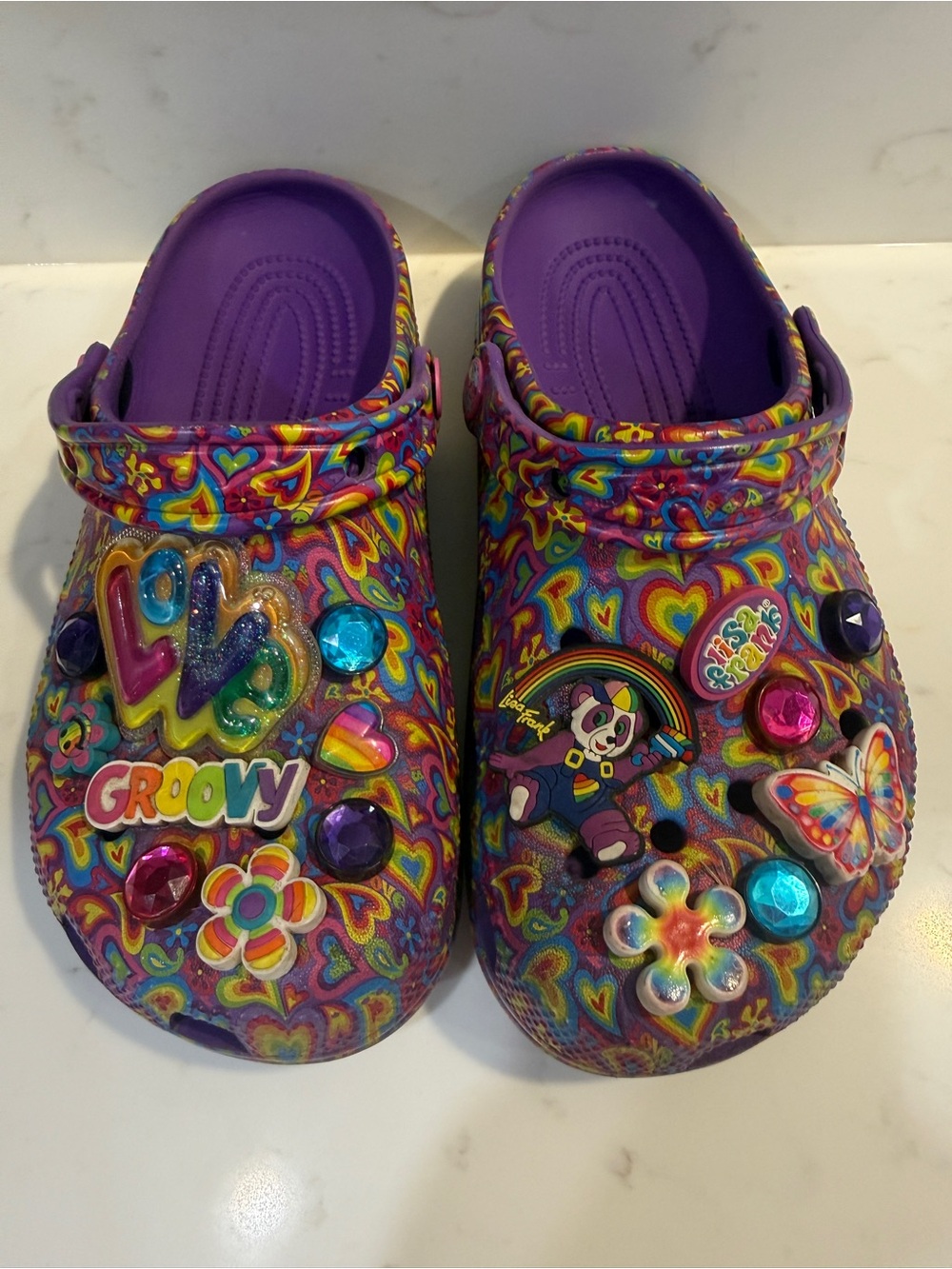 Crocs Lisa Frank Limited Edition Purple Heart-Print Clog with gems Size 6W 4M
